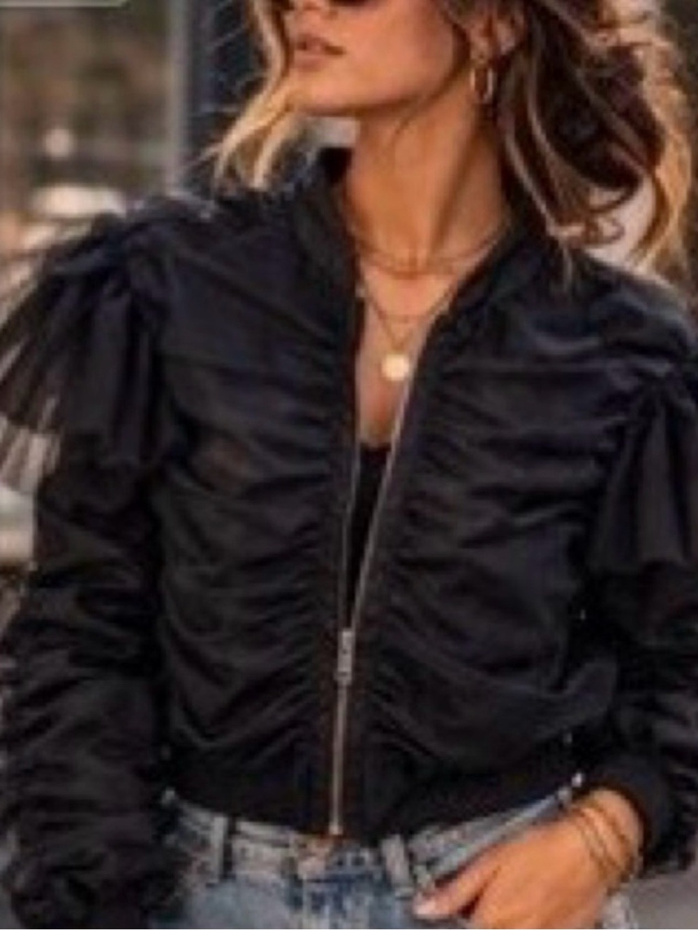 NWOT Anthropologie Black Ruched Tulle Puff-Sleeve Bomber Jacket